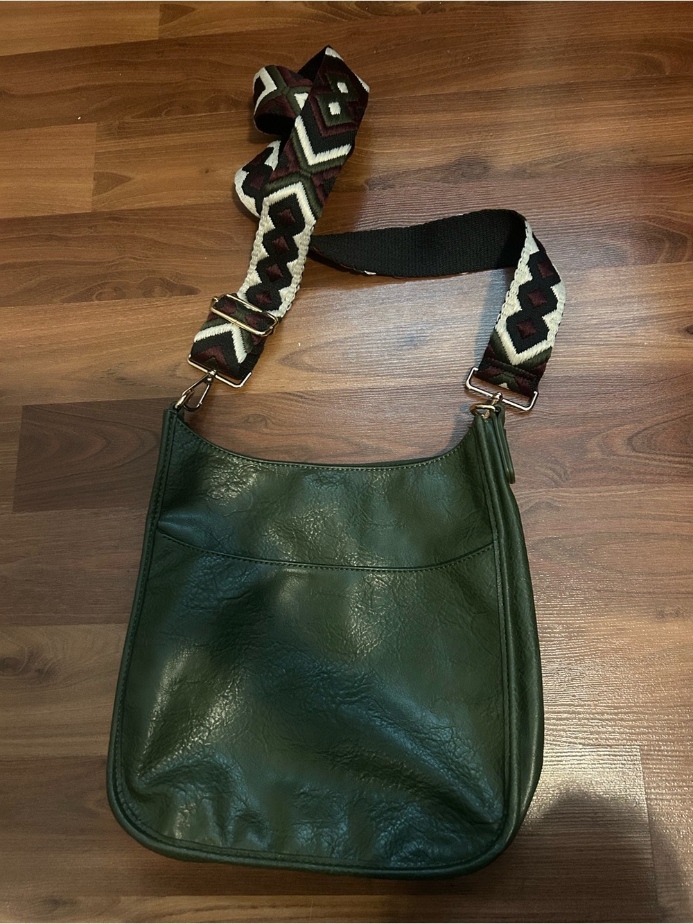 Women's Forest Green Crossbody Bag with Patterned Strap